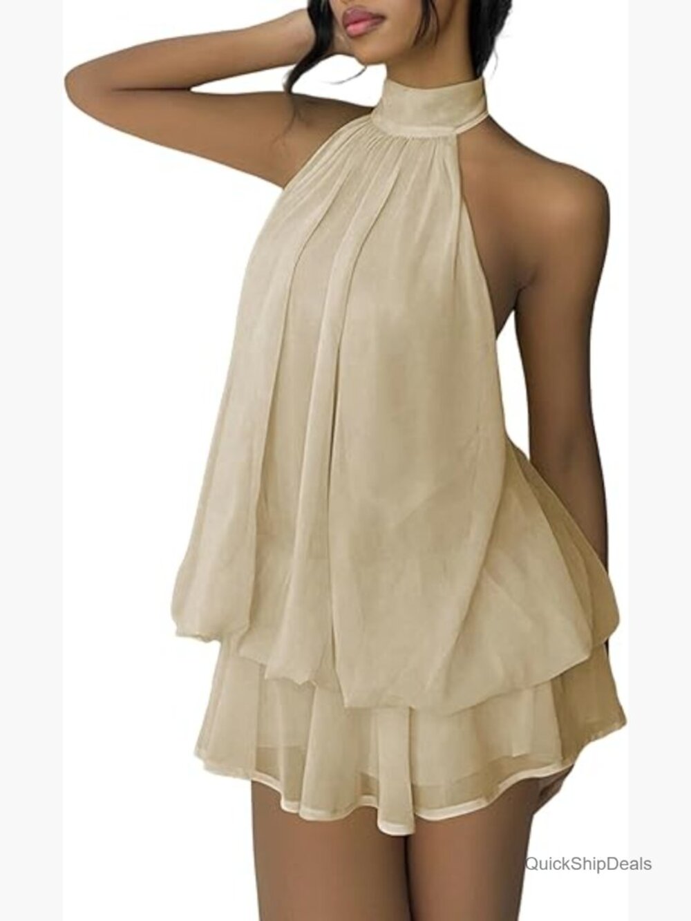 High-Neck Layered Chiffon Mini Dress in Beige